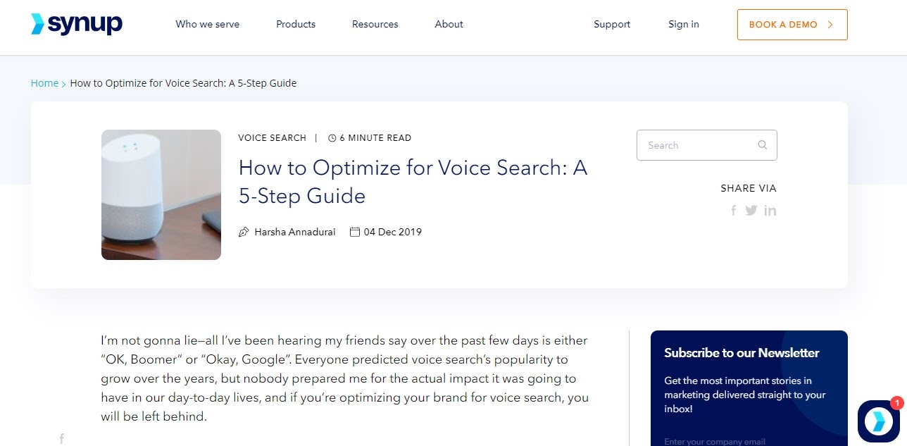 A screenshot of an article on optimizing content for voice search from Synup's blog