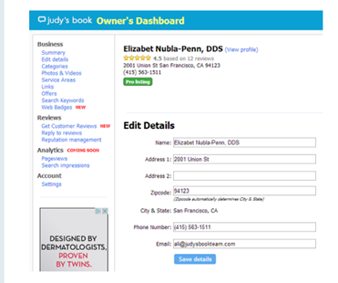 A screenshot of the profile dashboard on Judy's Book