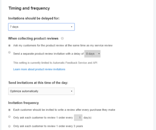 A screenshot of the email frequency menu options on Trustpilot