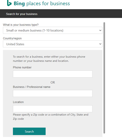A screenshot of Bing's business finder page