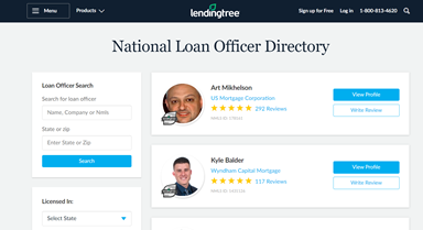 A screenshot of LendingTree's loan directory