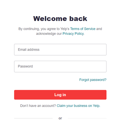A screenshot of Yelp's sign-in page
