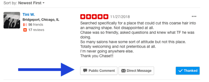 A screenshot with an arrow pointing towards the public comment reply option