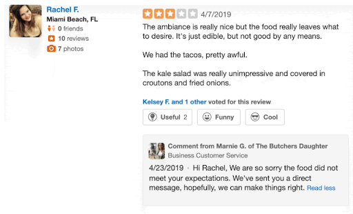 A screenshot of a negative Yelp review by a customer