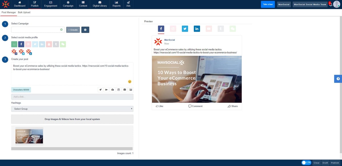 MavSocial Demo - Post Manager with image ready to go