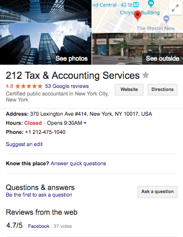 Google my Business listing of an Accounting Company