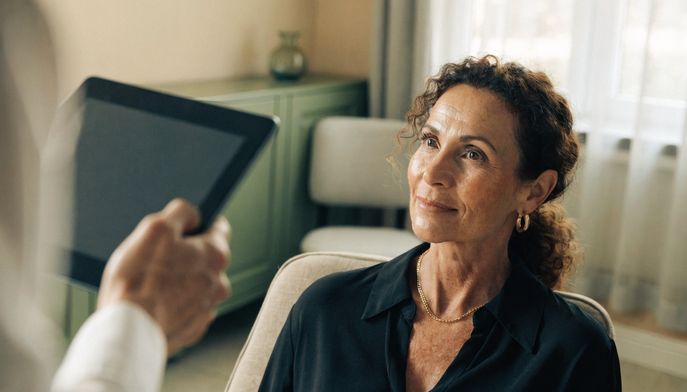 Woman in her late 40s with full cheeks during a med spa consultation about Ozempic face treatment in Silverdale, WA