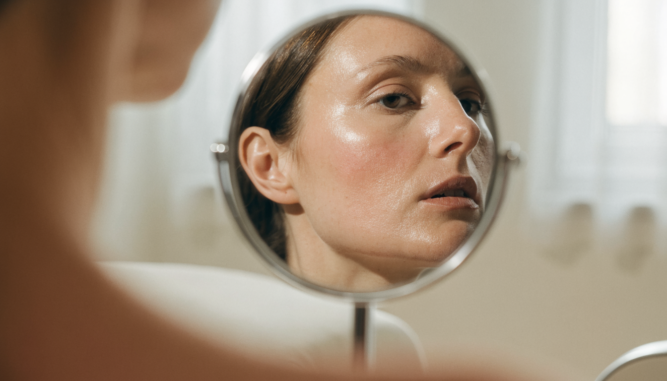 Woman checking her natural lip and cheek contour in a mirror after filler dissolving