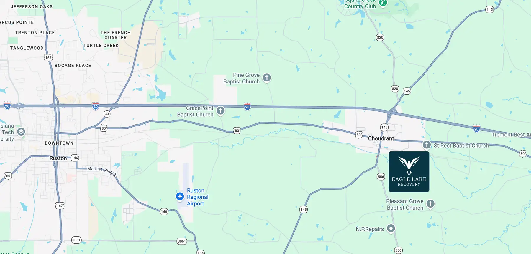 An image of map of Choudrant, LA, providing directions to Eagle Lake Recovery