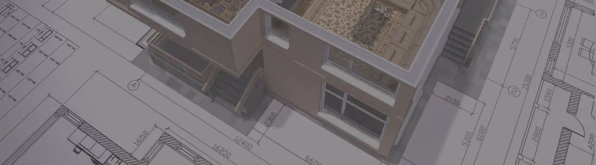 3D architectural model of a house overlaid on blueprints with measurements and floor plans.