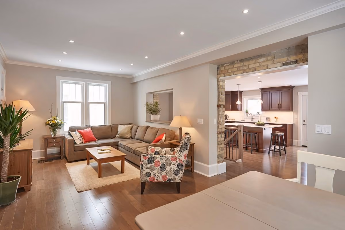 Light-filled living room in a Pioneer Craftsmen home renovation.