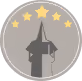 Gray silhouette of an airplane ascending with four yellow stars above on a light gray circular background.