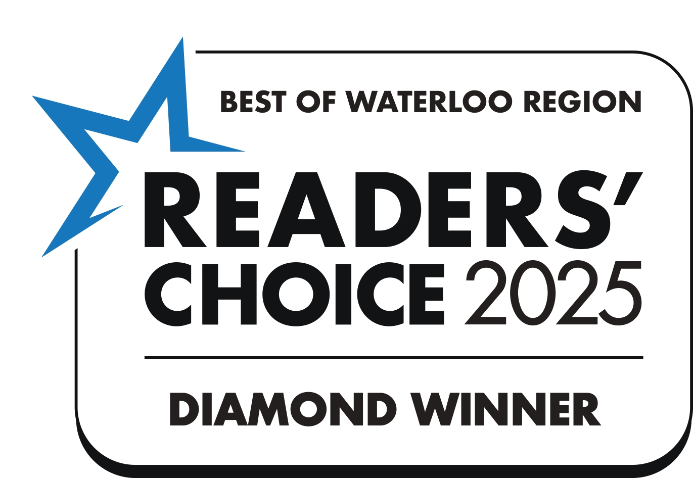 Logo with a blue star and text reading 'Best of Waterloo Region Readers' Choice 2025 Diamond Winner'.