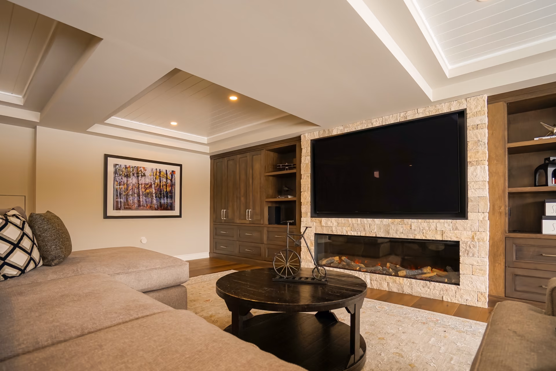 Finished Breslau basement living area after renovation