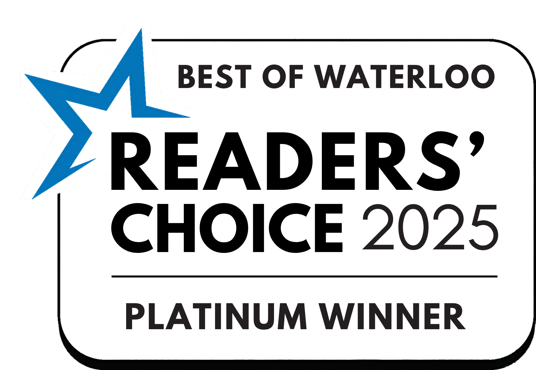Waterloo Region Record Readers' Choice 2024 Platinum Winner badge with a blue star.