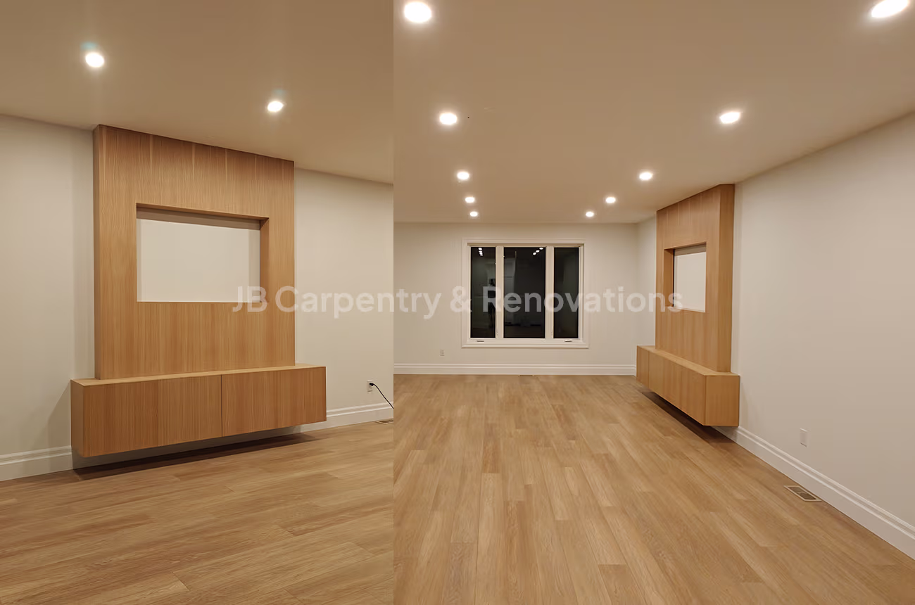 Living room with built-in wood entertainment wall – Spacious modern living area with wood feature wall and floating media cabinet.