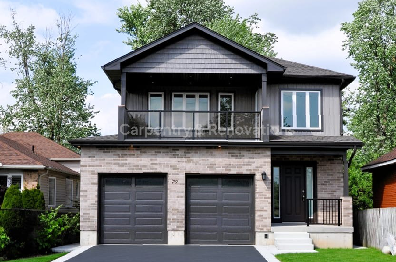 Two-story new build with double garage and balcony – Stylish modern home with brick and stucco finishes, black framed windows, and an upper balcony overlooking the street.