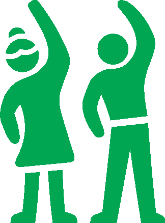 Two simplistic green figures exercising, one in a dress and one wearing pants, both raising one arm in a celebratory or stretching pose.