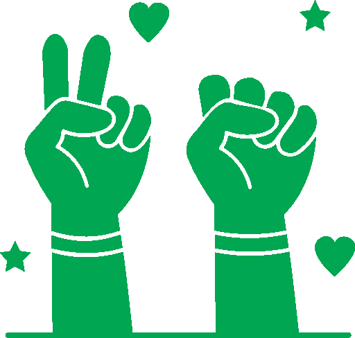 Two green hands illustrated with one showing a peace sign and the other a fist. Surrounding hearts and stars convey a message of unity and love.