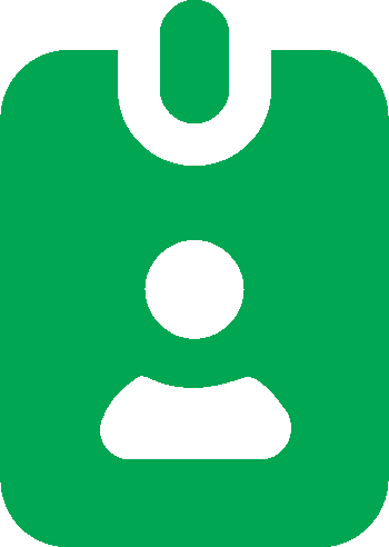 Green icon of a rectangular badge with a silhouette of a person in the center. The top resembles a clip, suggesting an ID or name tag.