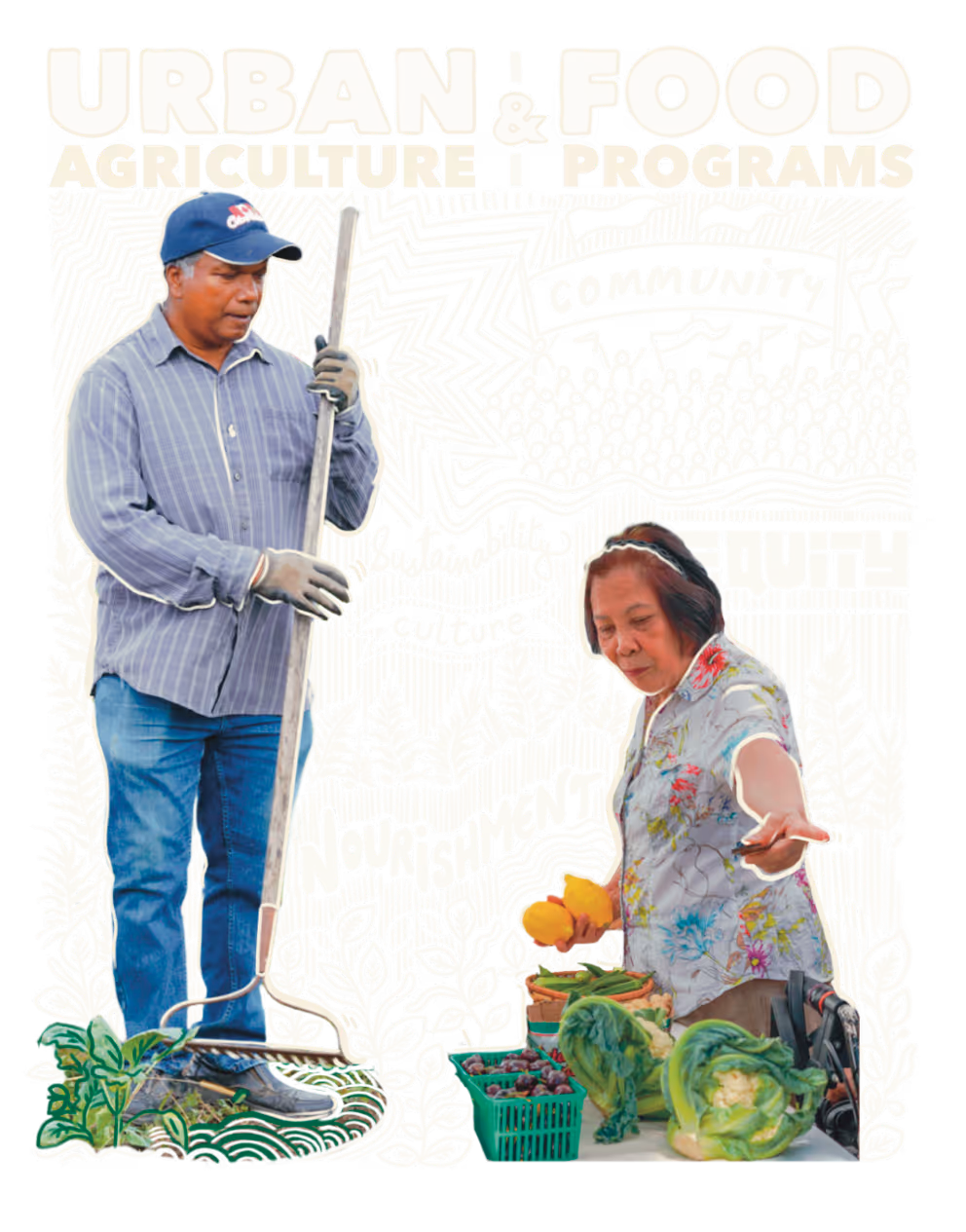 Man holding a gardening tool standing next to a woman selecting fresh produce with illustrated text about urban food agriculture programs in the background.
