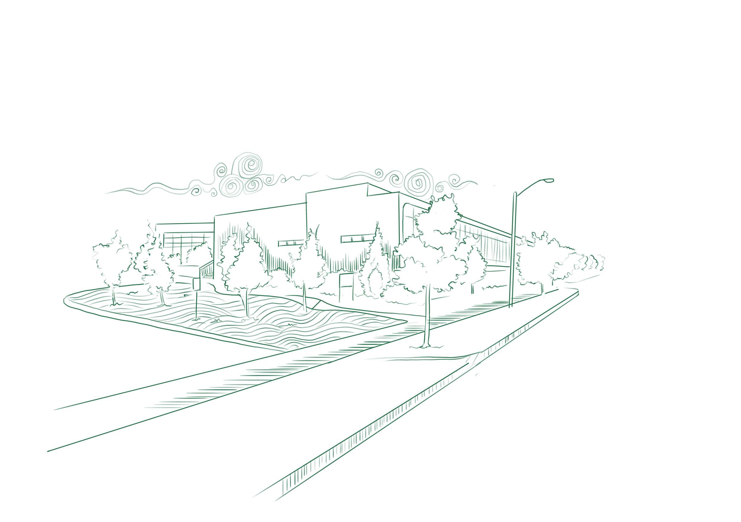 Line drawing of a modern building surrounded by trees, with a sidewalk and streetlamp along the front.