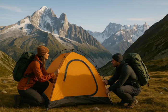Couple de randonneurs installant leur tente pour la nuit dans un paysage de montagne
