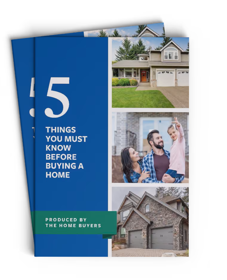 Cover of a booklet titled '5 Things You Must Know Before Buying a Home' with house and family photos.