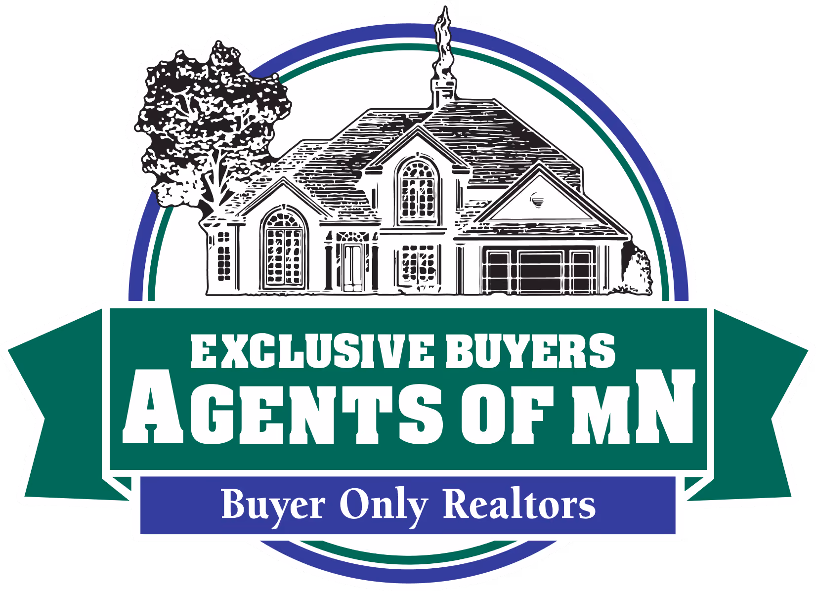 Logo with house and tree illustration with text Exclusive Buyers Agents of MN and Buyer Only Realtors.