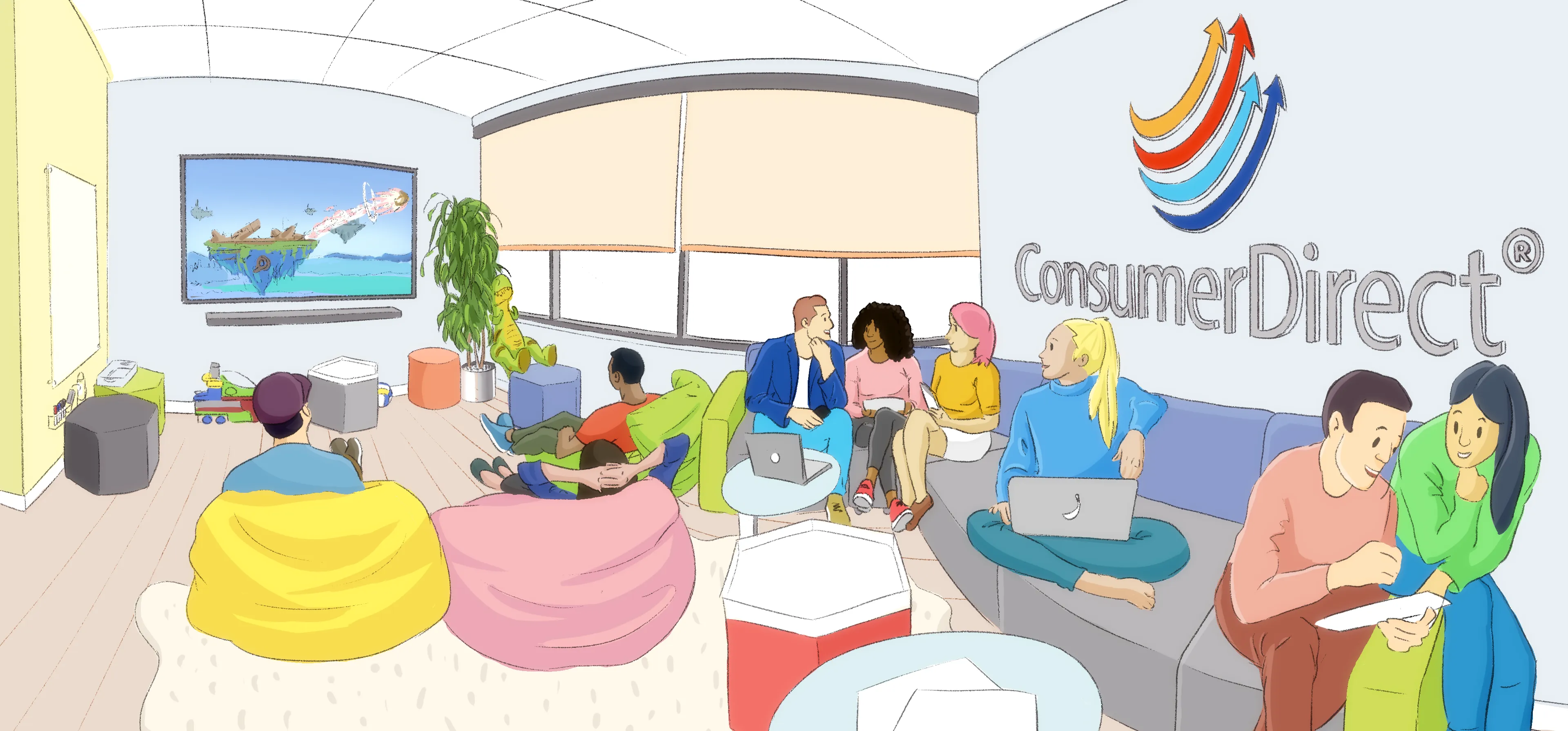 Illustration of a modern office lounge at ConsumerDirect, where people are engaged in conversations, working on laptops, and watching a video game on a large screen in a relaxed environment.
