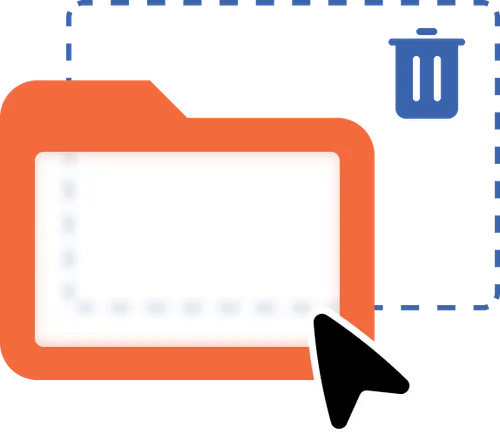 A cursor dropping a file or document icon into a trash can icon.