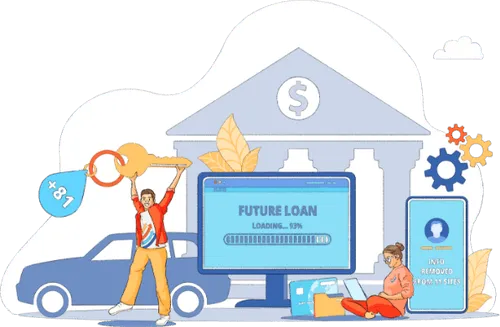 Man holding a giant key by a car, with a loan loading screen and a woman managing data on a laptop near a digital bank.