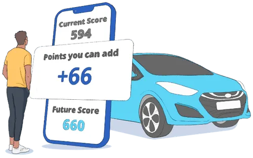 Man looking at credit score improvement on a large phone display, with a blue car in the background.