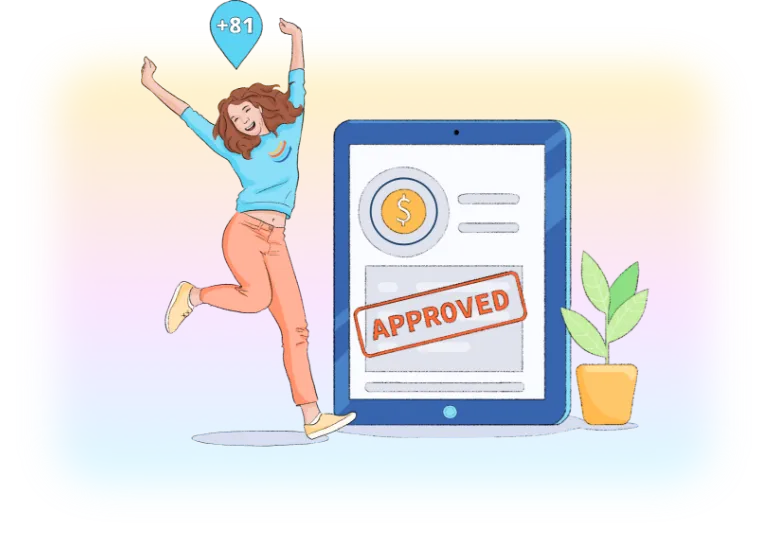 Happy woman celebrating loan approval next to a tablet showing “APPROVED” and a +81 score boost icon above her.
