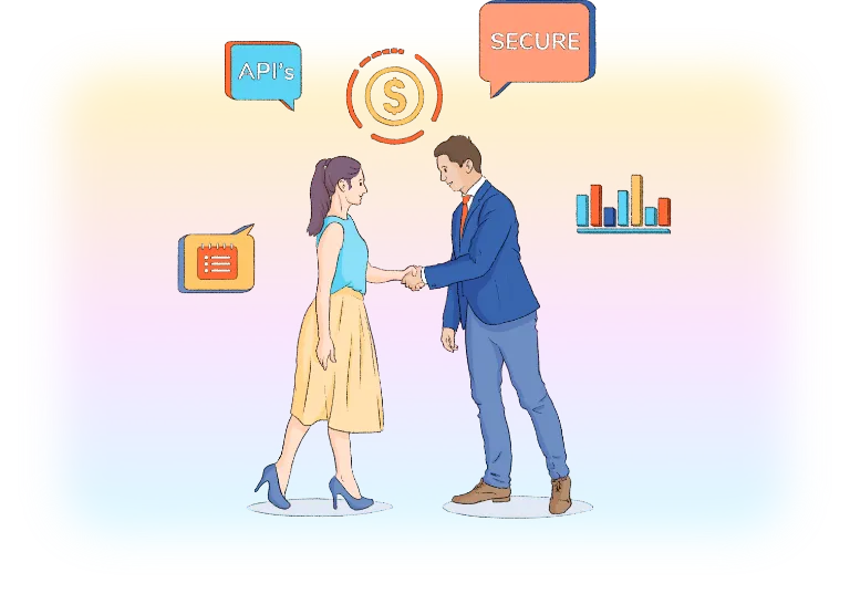 Man and woman shaking hands with icons representing APIs, security, and analytics above them.