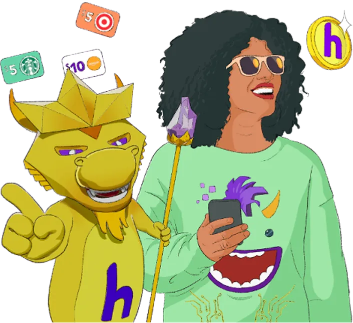 Smiling woman and cartoon dragon character celebrating with gift cards and digital rewards floating around them.