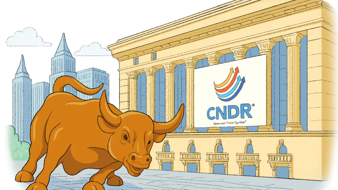 Illustration of Wall Street bull and CNDR investment banner on a neoclassical building with ticker symbol CNDR.