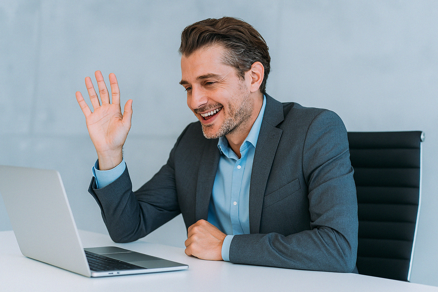 A smiling man in a suit waves at his laptop screen during a video call in a modern office setting.