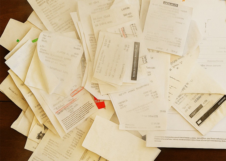 Stack of assorted paper receipts and invoices scattered on a wooden desk, illustrating business expense tracking.