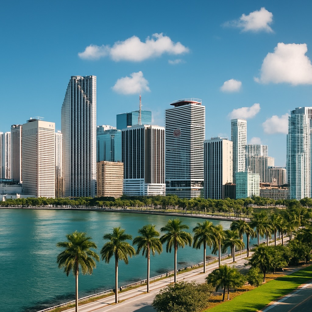 A scenic view of Miami's skyline with modern high-rise buildings, palm trees, and a calm waterfront under a bright blue sky.