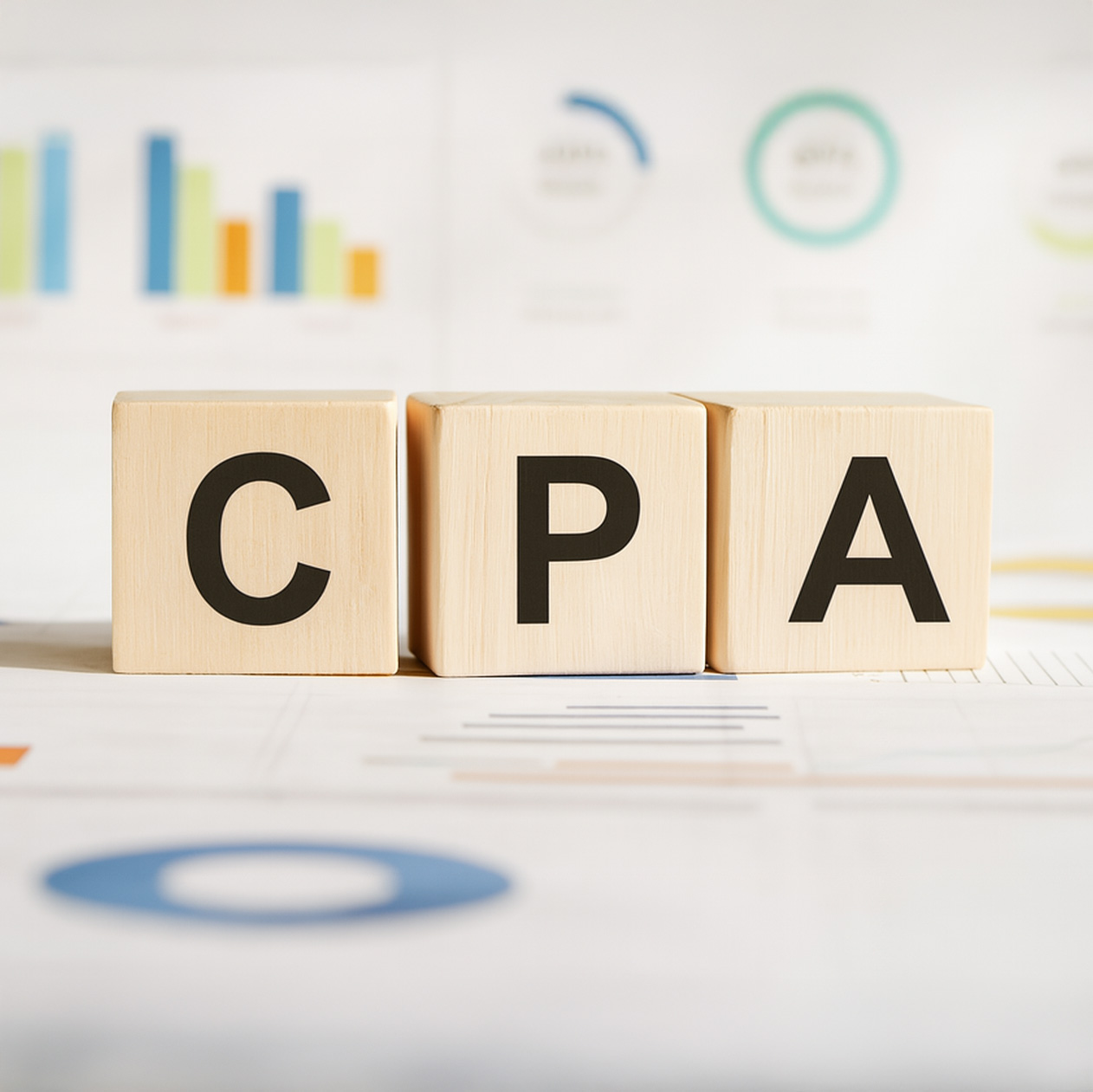 Wooden blocks spelling “CPA” on a desk, with blurred bar-chart graphics in the background.