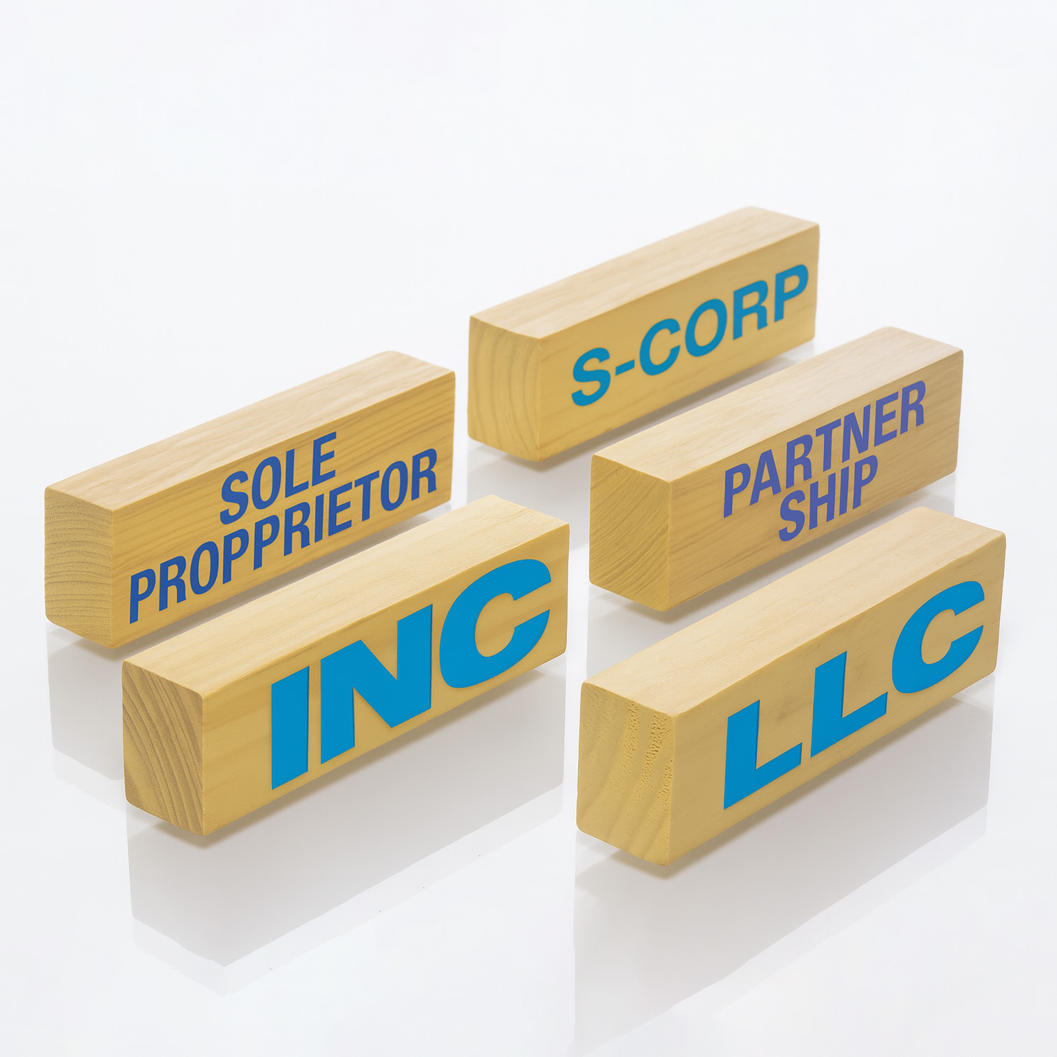 Wooden blocks labeled “INC,” “LLC,” “S-CORP,” “PARTNERSHIP,” and “SOLE PROPRIETOR” arranged on a glossy white surface, representing various business structures.