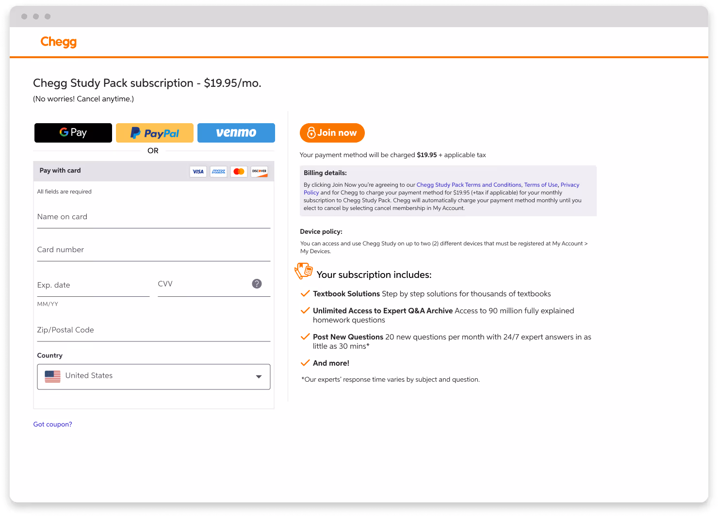 Chegg product interface – old, fragmented design with inconsistent UI