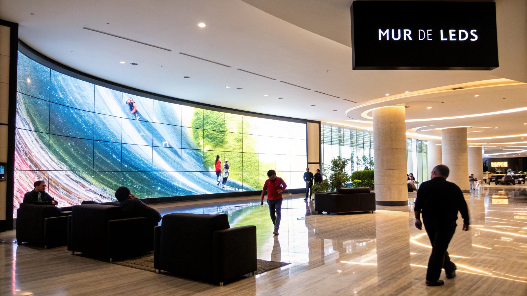 Un grand mur de LED incurvé affichant des images vives dans un hall moderne avec des personnes marchant et assises.