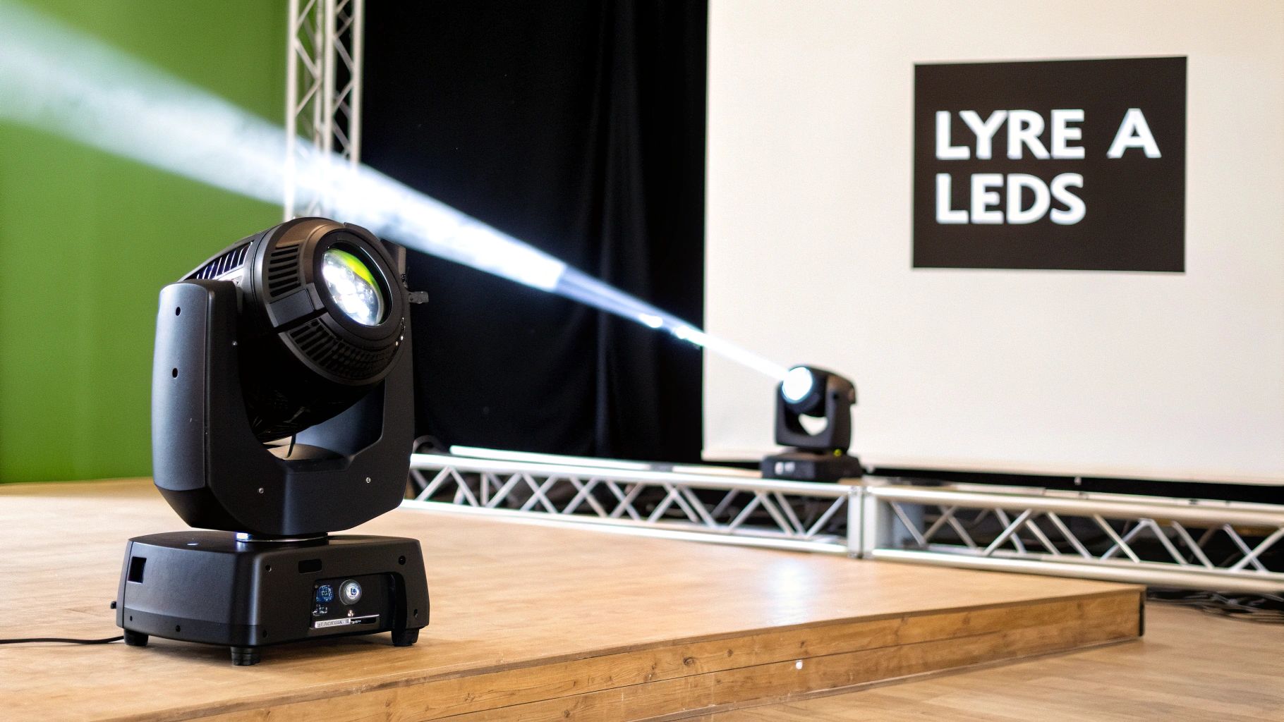 Deux projecteurs lyres à leds professionnels éclairent une scène en bois avec de puissants faisceaux lumineux.