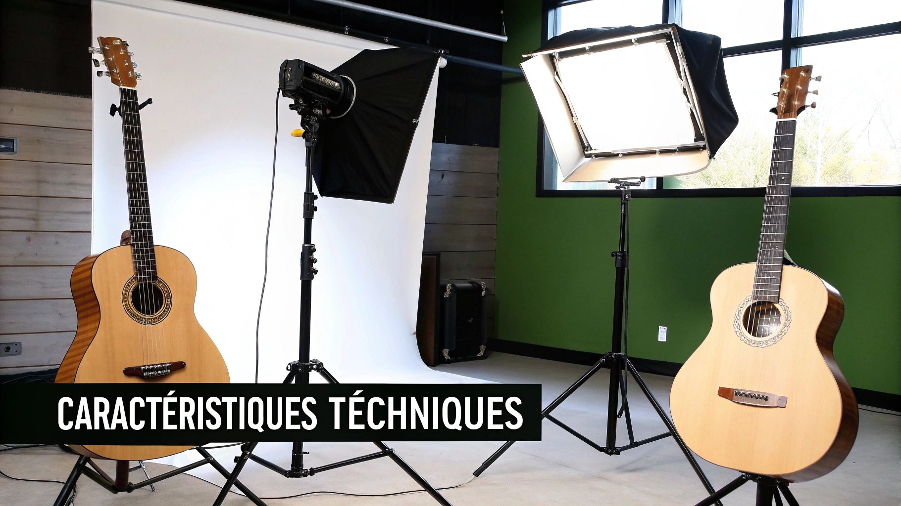 Deux guitares acoustiques en bois sur des supports dans un studio photo avec éclairage professionnel. Texte : CARACTÉRISTIQUES TECHNIQUES.