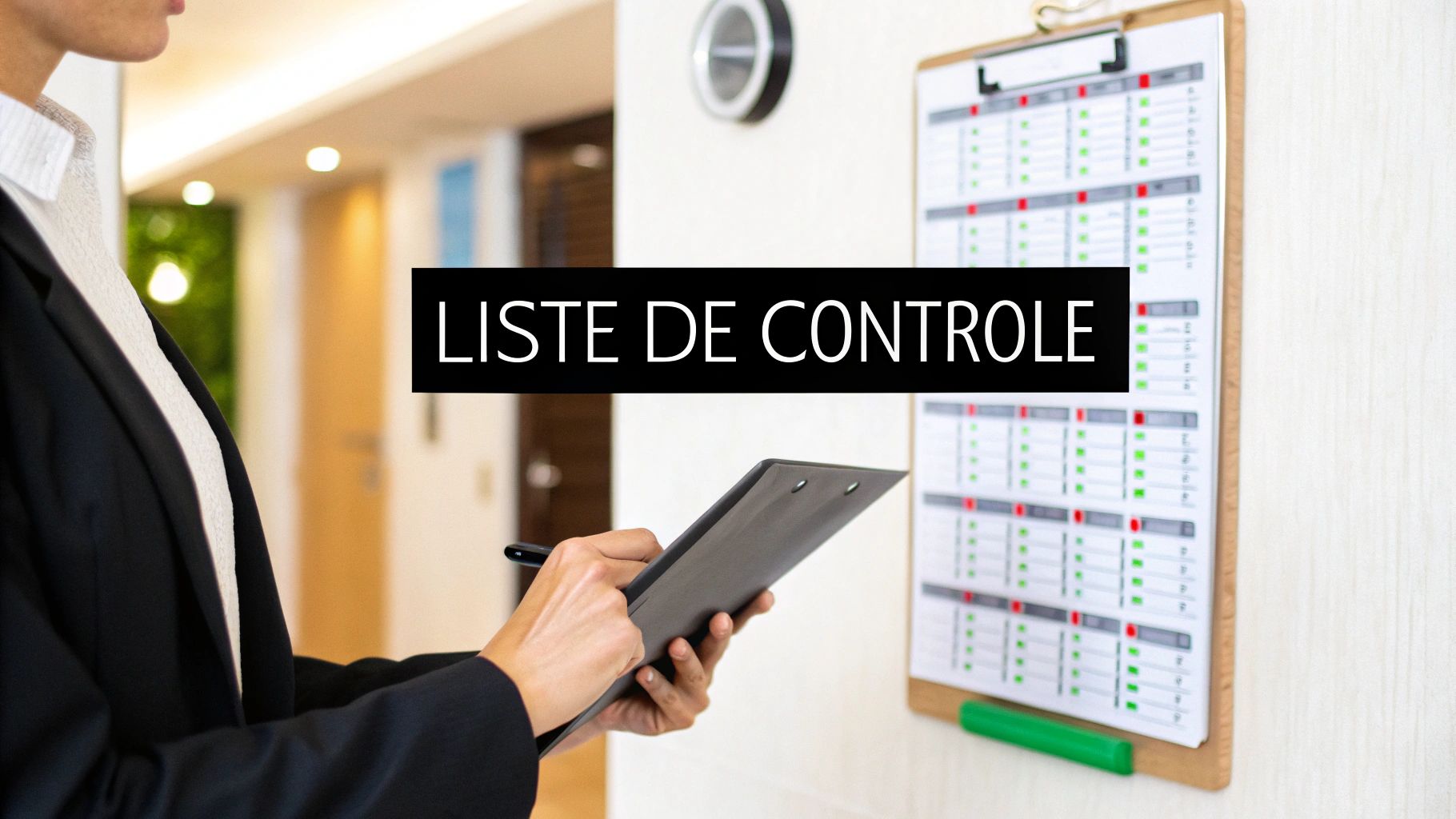 Une femme en costume avec un presse-papiers, consultant une liste de contrôle sur un calendrier mural.