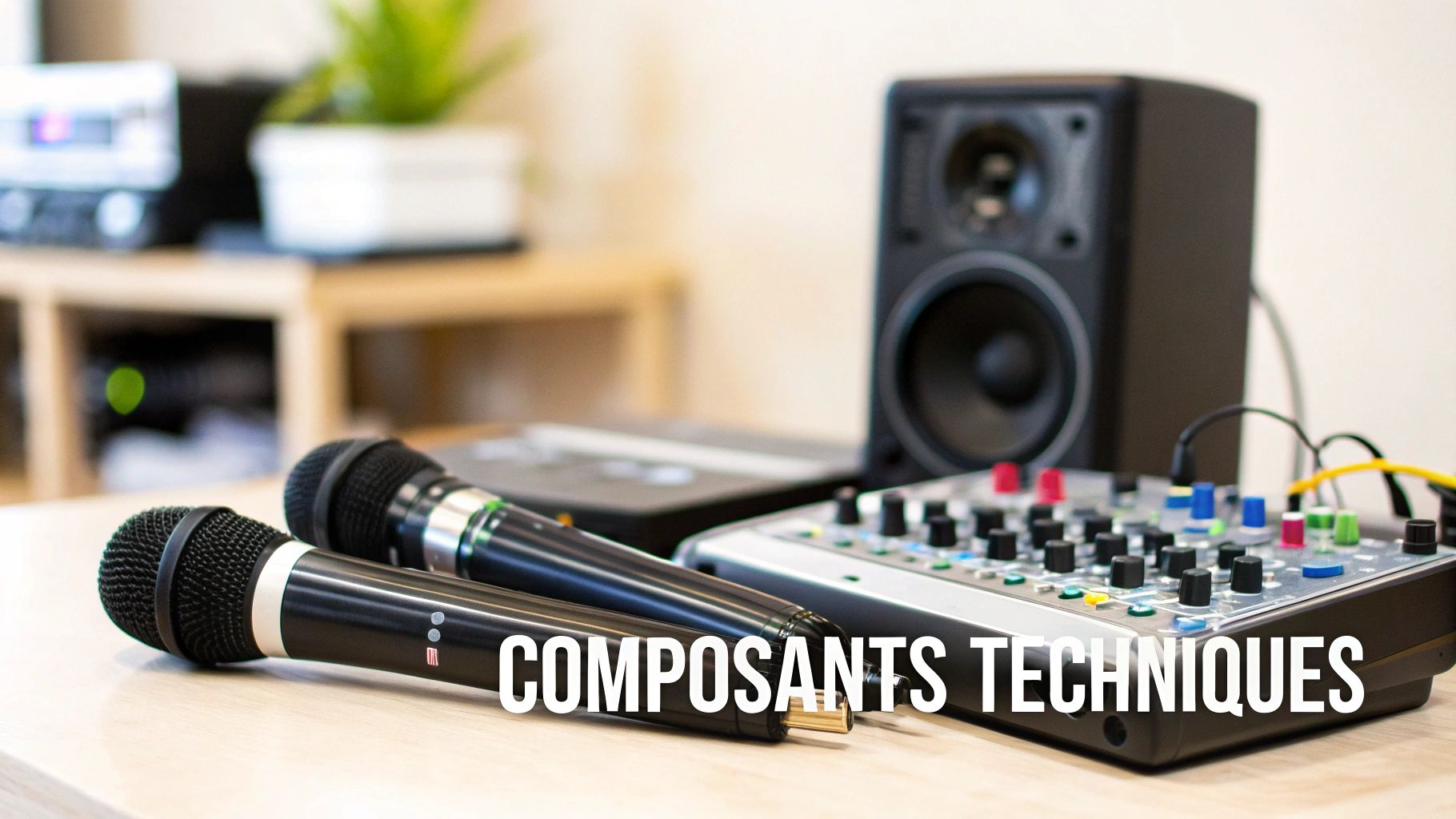 Deux microphones posés sur une table devant une table de mixage et un haut-parleur, composants techniques audio.