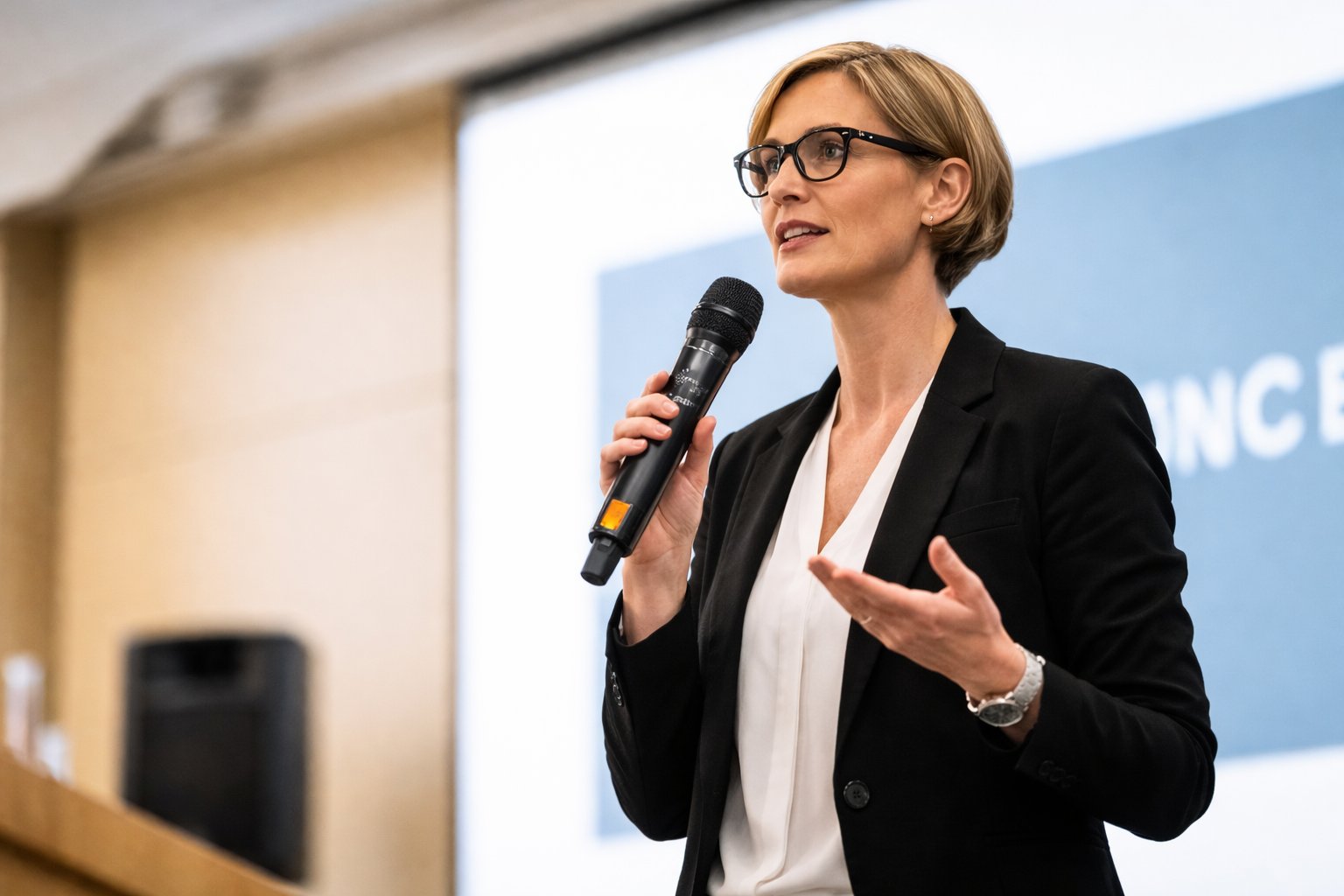 Une femme blonde avec des lunettes parle dans un microphone, vêtue d'un costume noir, devant un écran clair.