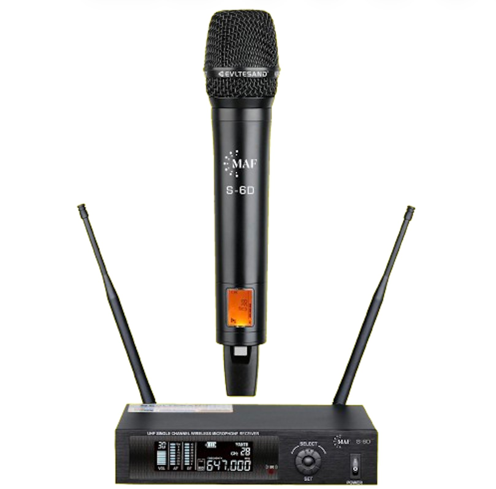 Un microphone sans fil noir et son récepteur avec deux antennes sur fond blanc.